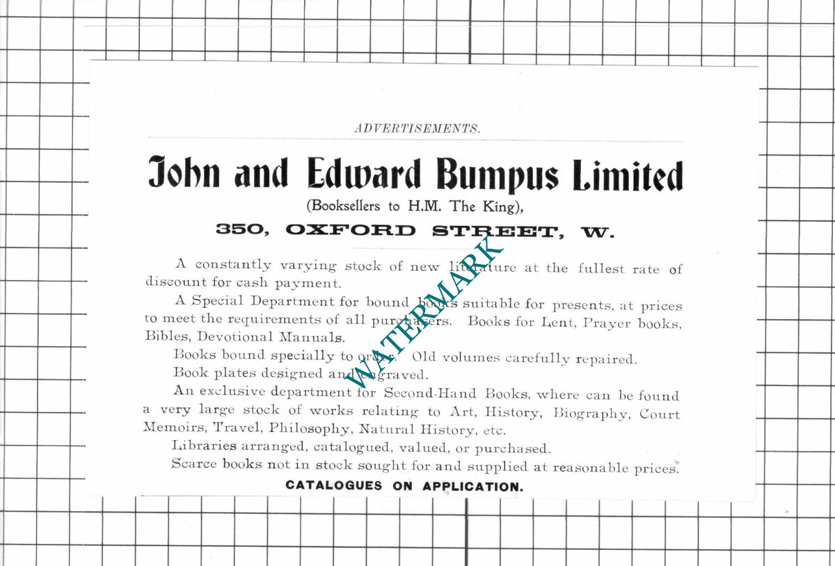 John and Edward Bumpus Ltd Booksellers London Advert - 1905 Clipping/ Print