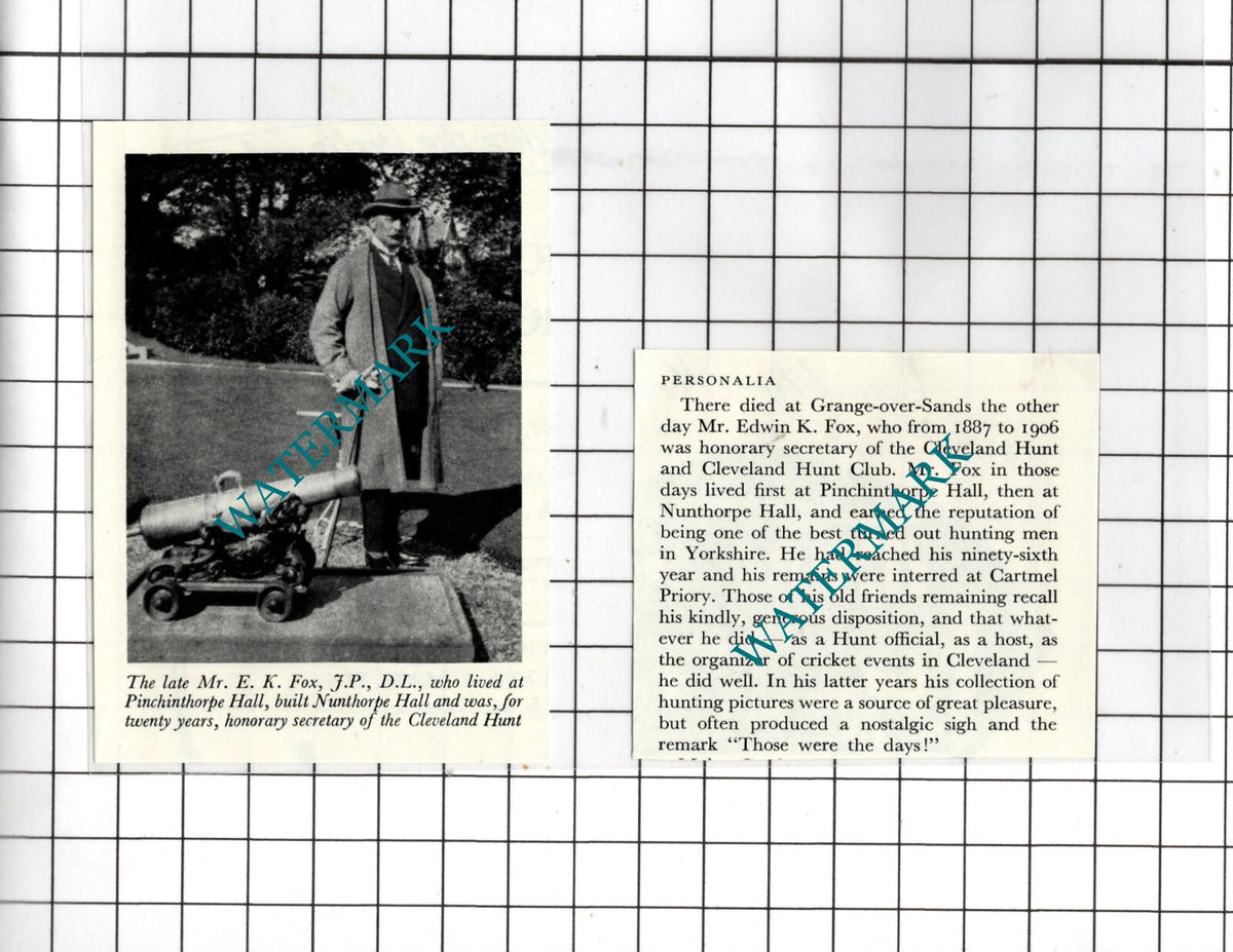 Mr Edwin K Fox Nunthorpe Hall Obituary - 1954 SMALL 2-Part Clipping