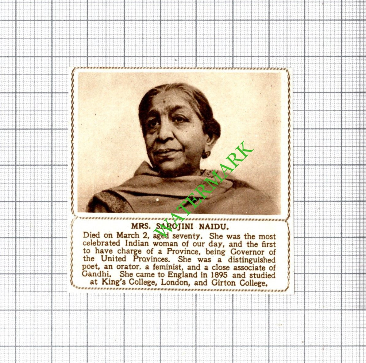 Mrs Sarojini Naidu Obituary - 1949 SMALL Cutting