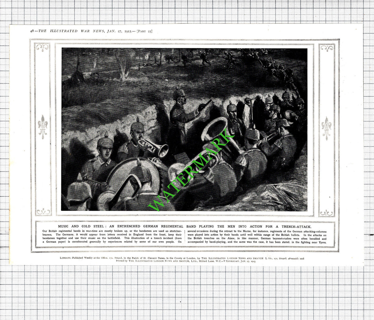 German Band In Trench World War One WW1 - 1915 Cutting / Print