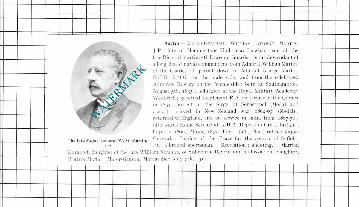 Major Gen William George Martin Hemingstone Hall Suffolk Obituary -1911 Clipping