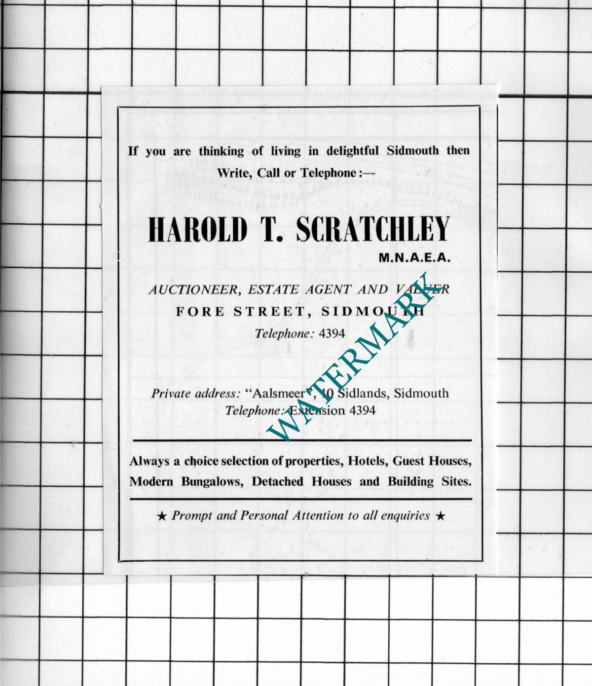 Harold T Scratchley Auctioneer Sidmouth Devon - 1968 Small Advert