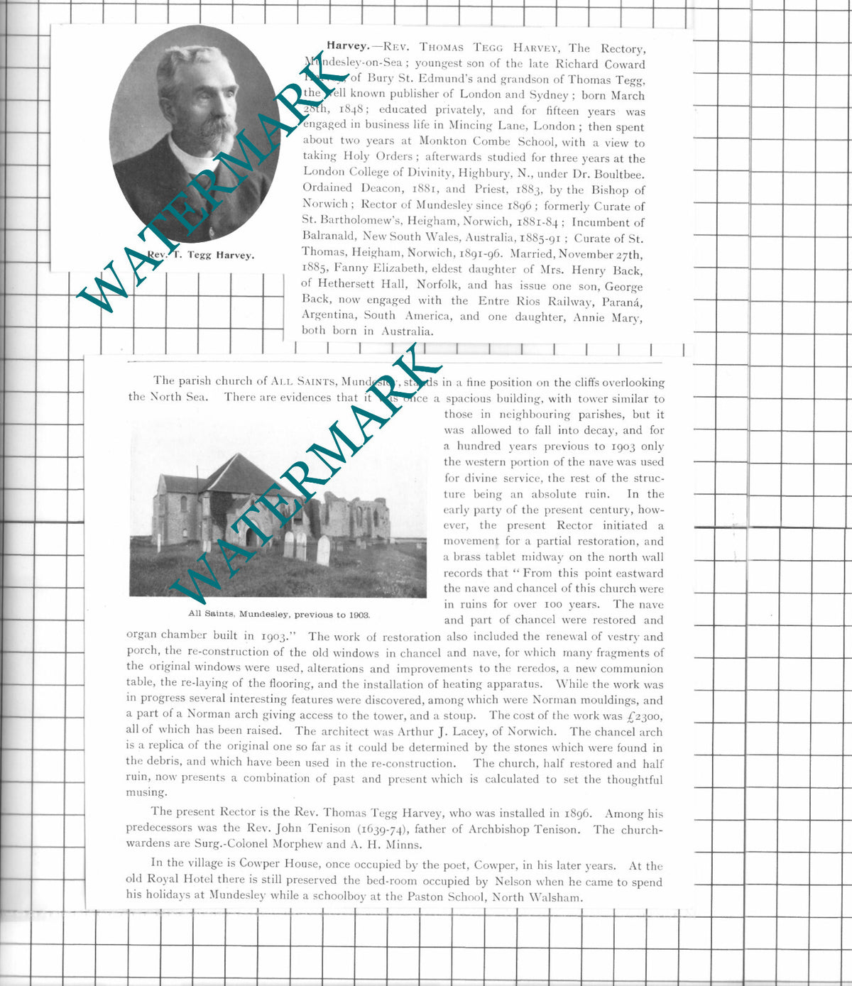 Rev Thomas Tegg Harvey Mundesley-On-Sea Norfolk - 1911 2-Part Clipping