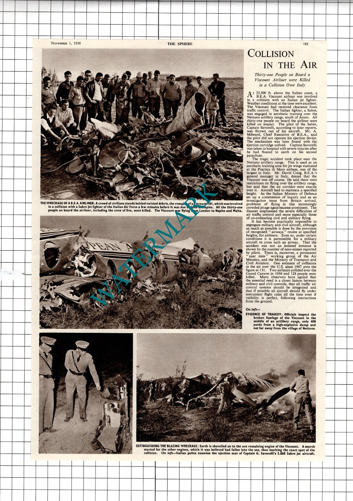 Viscount 701 Air Crash Nettuno Italy Capt Savorelli - 1958 Article