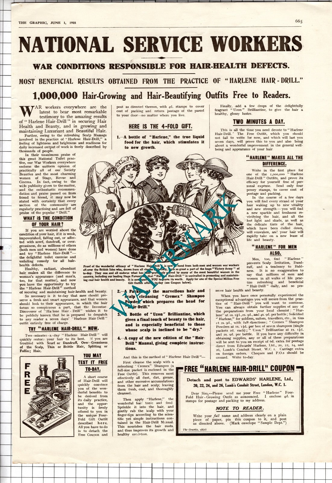 HARLENE Hair-Drill Edwards Harlene Ltd London World War One WW1 - 1918 Advert