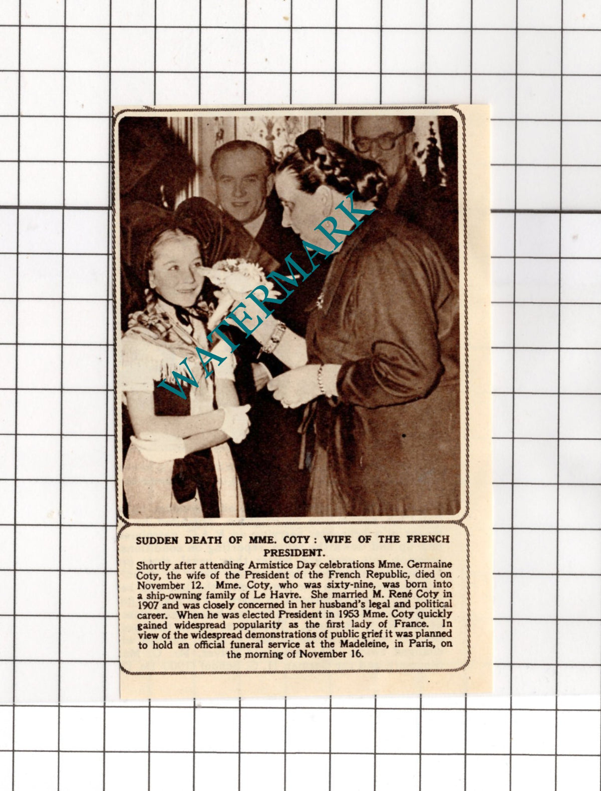 Mme Coty French President Wife Death - 1955 Small News Cutting