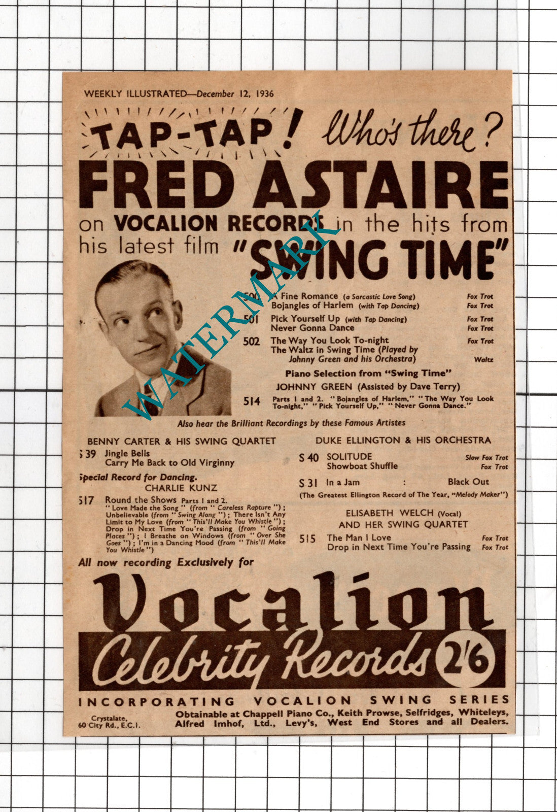 Fred Astaire Vocalion Records Advert - 1936 Cutting
