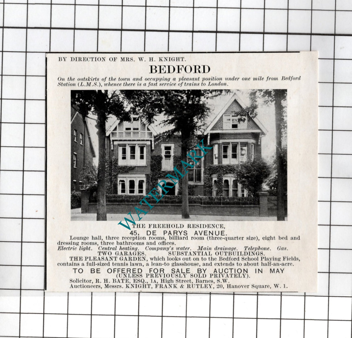 45 De Parys Avenue Bedford Mrs W H Knight - 1925 Small House Sale Advert