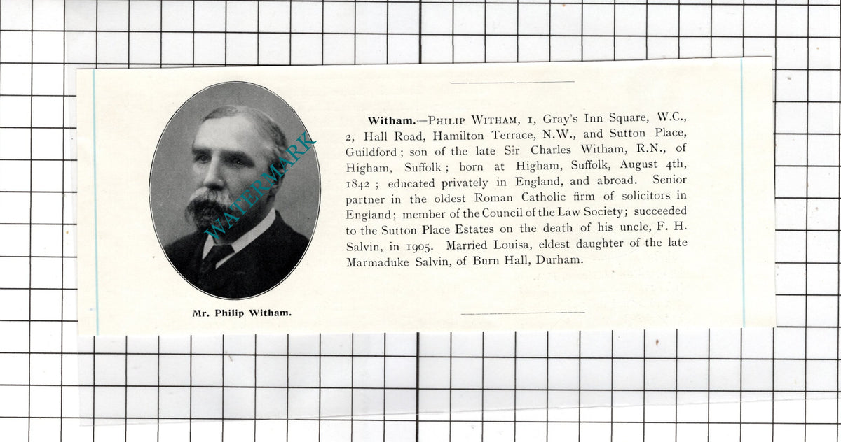 Mr Philip Witham Sutton Place Guildford Surrey - c.1905 Clipping