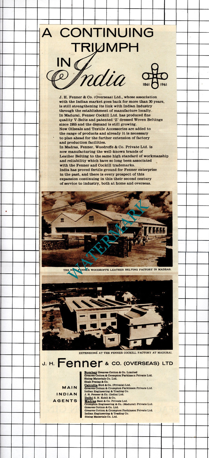 J H Fenner & Co (Overseas) Ltd India Fenner Cockill Fenner Woodroffe 1961 Advert