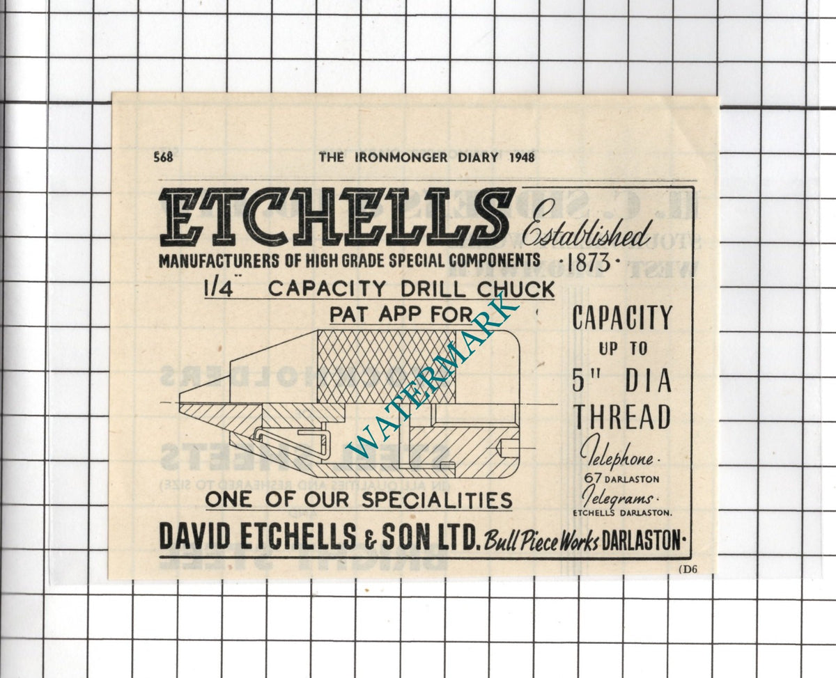 David Etchells & Son Ltd Darlaston England - 1948 Small Advert