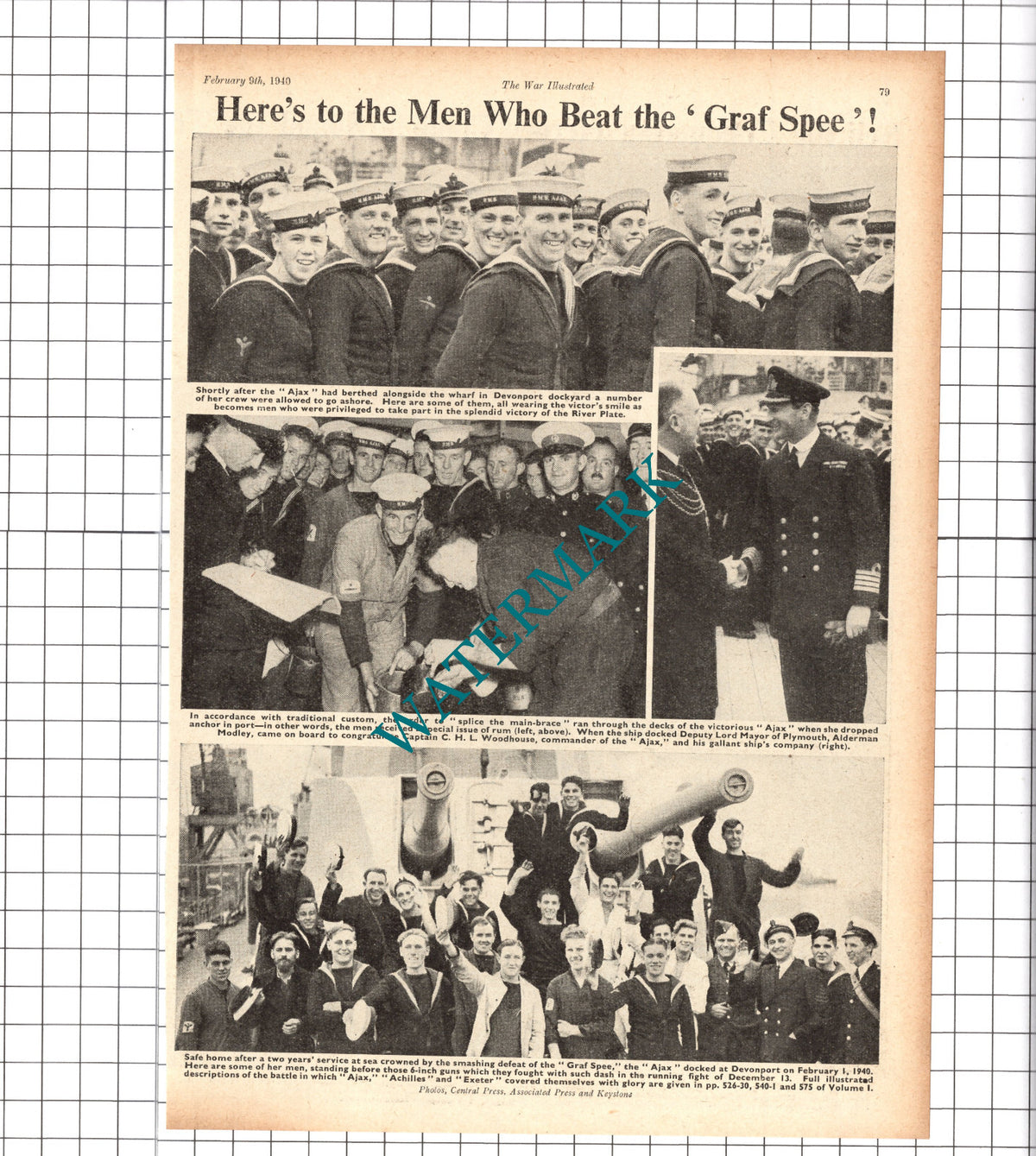 AJAX Ship Crew Captain CHL Woodhouse Modley Graf Spee - 1940 Clipping / Print