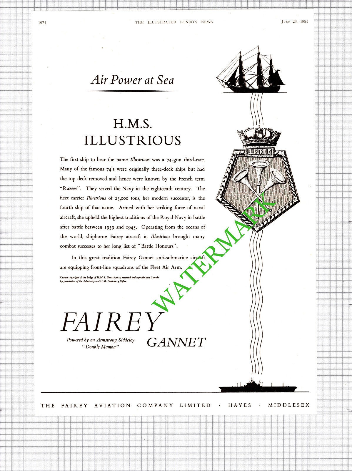 HMS Illustrious Ship Fairey Gannet Advert - 1954 Cutting / Print