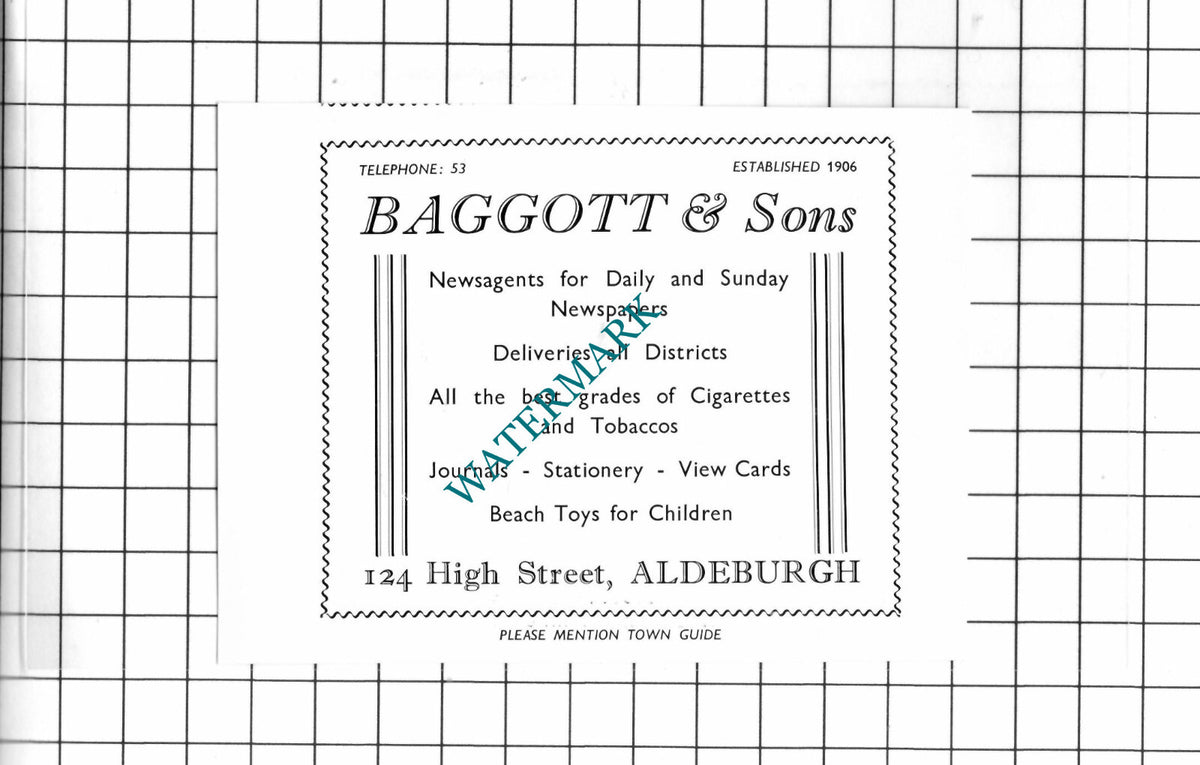 J T Pegg & Sons Aldeburgh Suffolk / Baggott & Sons Newsagent - 1952 Small Advert