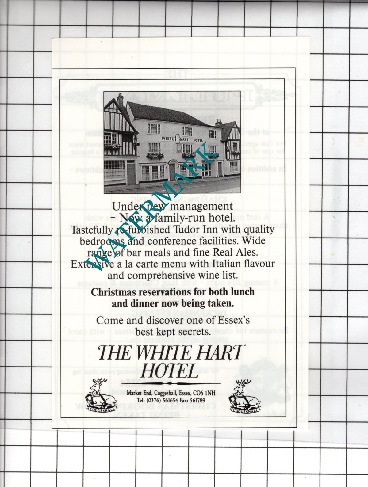 The White Hart Hotel Coggeshall Essex - 1991 Small Advert