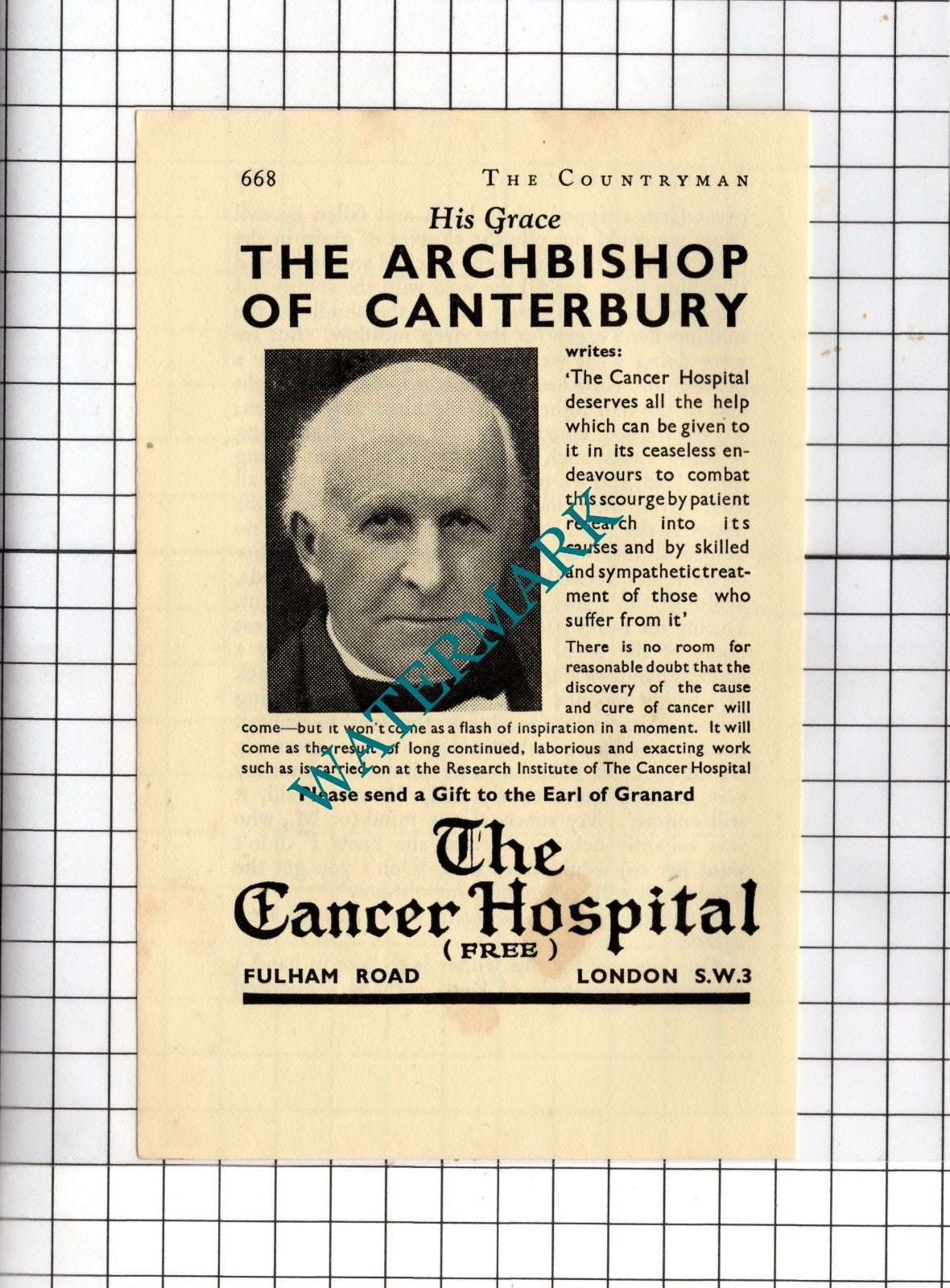 The Cancer Hospital Advert London Archbishop Of Canterbury 1936 Small Advert