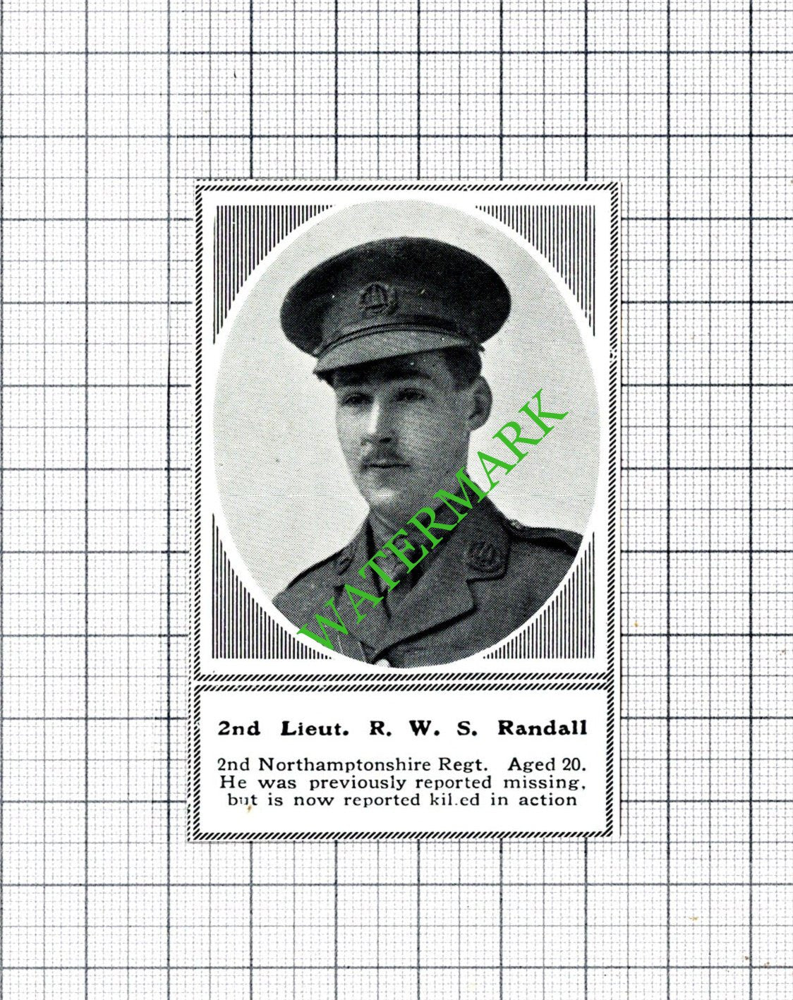 2nd Lt RWS Randall 2nd Northamptonshire Regt WW1 - c.1918 SMALL Cutting