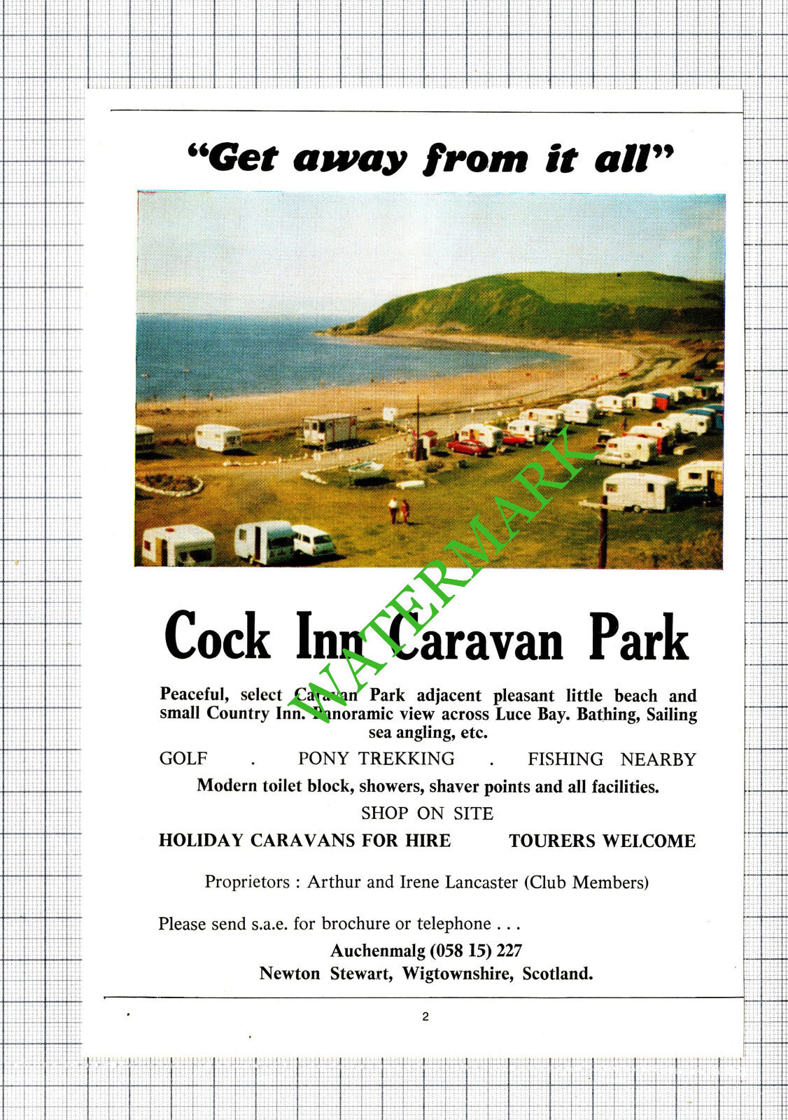 Cock Inn Caravan Park Newton Stewart Arthur Lancaster Advert - c.1975 Cutting