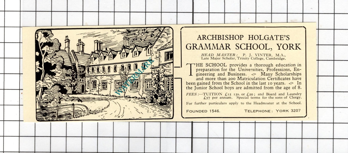 Archbishop Holgate's Grammar School York PJ Vintner - 1928 Small Advert