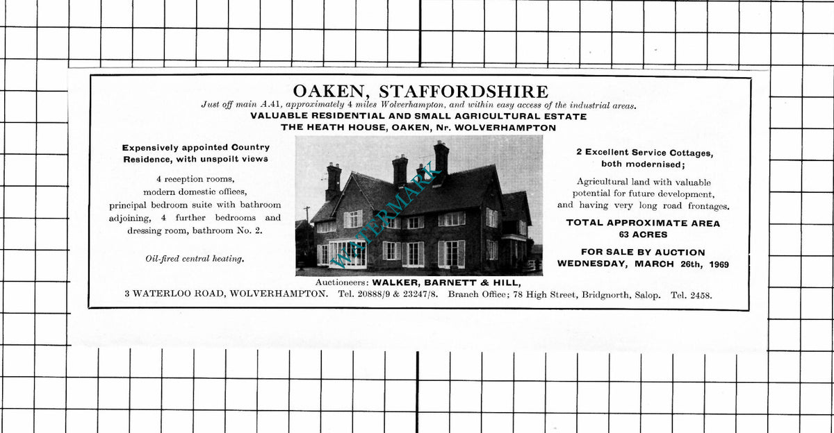 The Heath House Oaken Staffordshire House Sale Advert - 1969 Clipping / Print