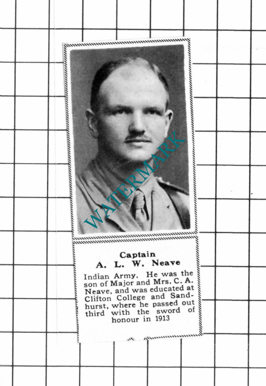 Captain A L W Neave Indian Army WW1 - c.1918 SMALL Clipping / Print