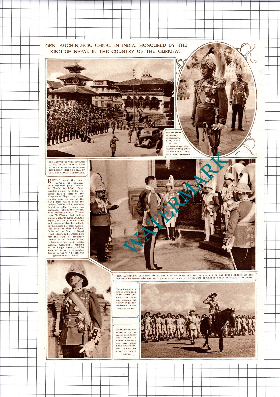 Gen Sir Claude Auchinleck C-in-C India Nepal - 1945 Cutting / Print