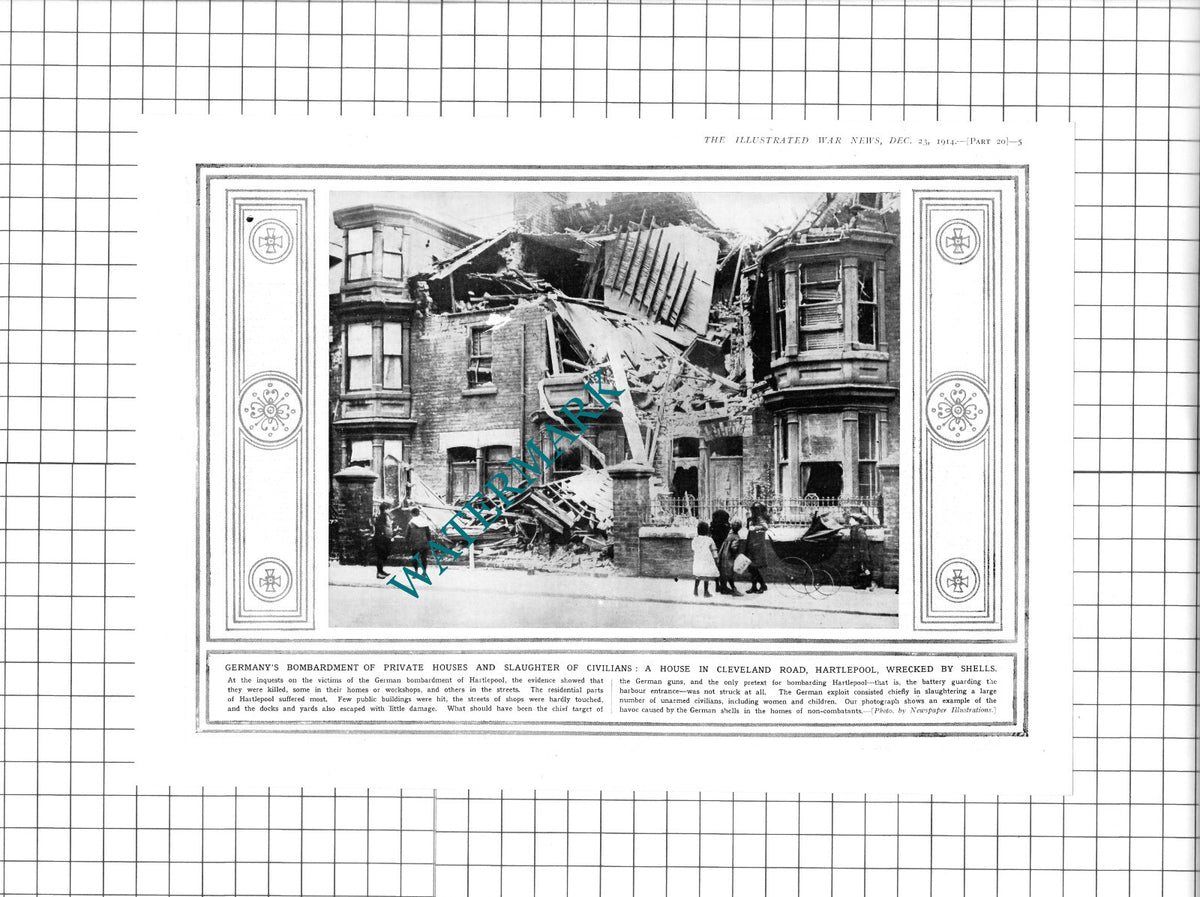 Cleveland Road Hartlepool German Bombing WW1 - 1914 Clipping/ Print