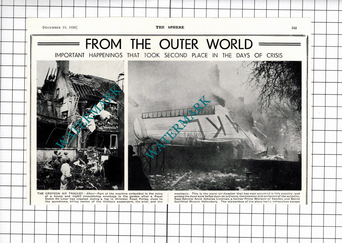Hillcrest Road Purley Surrey Plane Crash Arvid Lindman -1936 News Clipping
