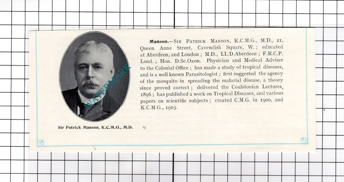 Sir Patrick Manson Physician - c.1910 Cutting