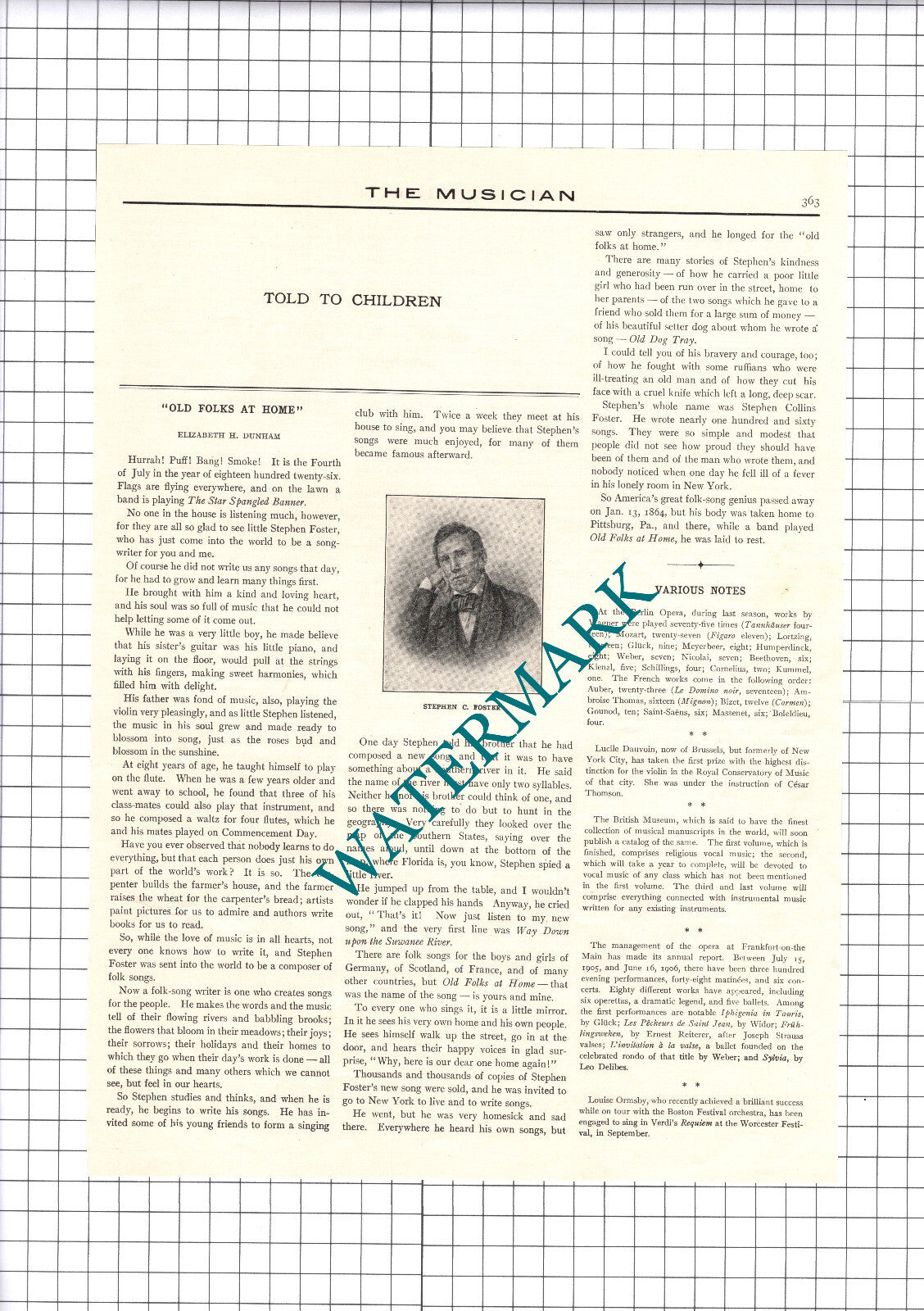 Stephen Collins Foster American Composer - 1906 Article