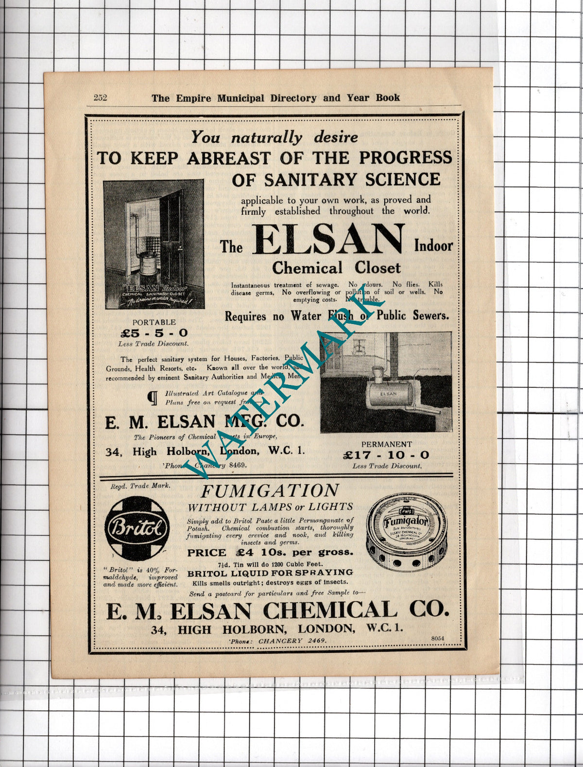 E M Elsan Chemical Closet Co High Holborn London - 1927 ADVERT