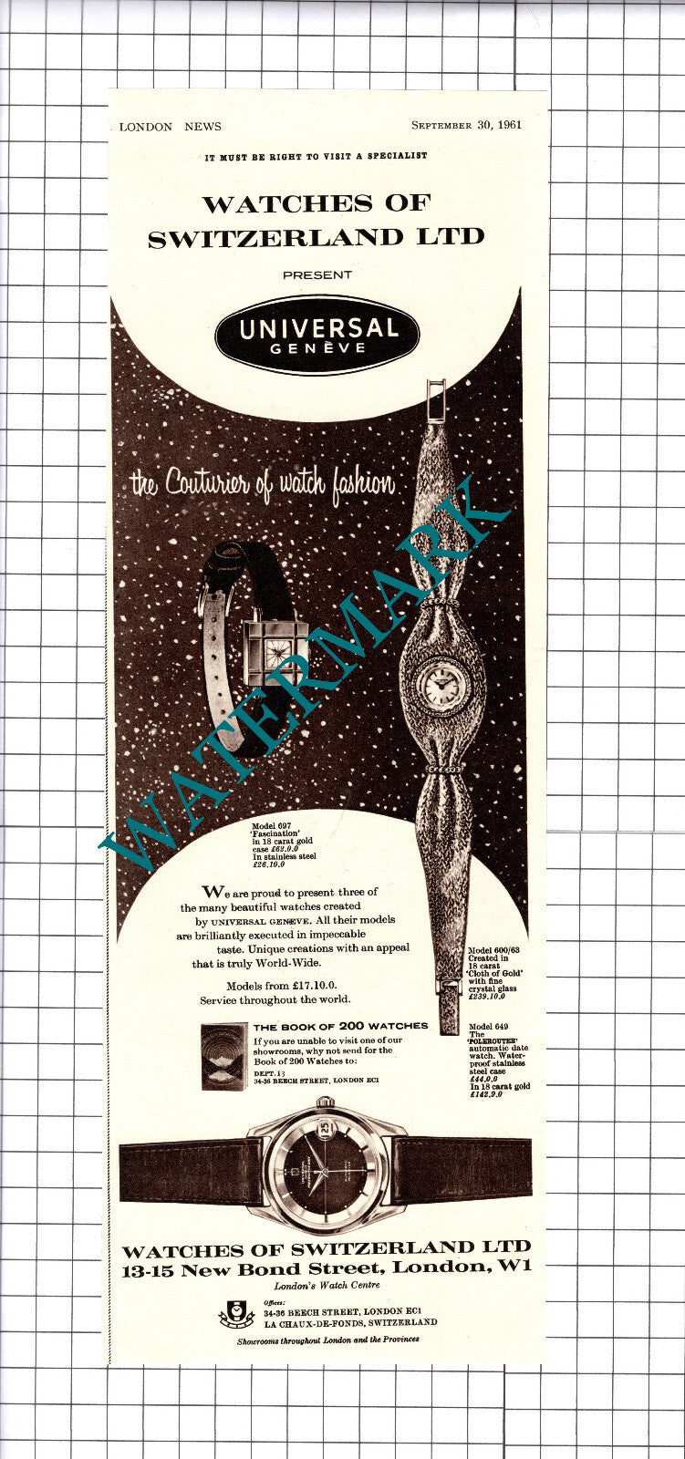 Watches of Switzerland Ltd London ADVERT - 1961 Clipping / Print