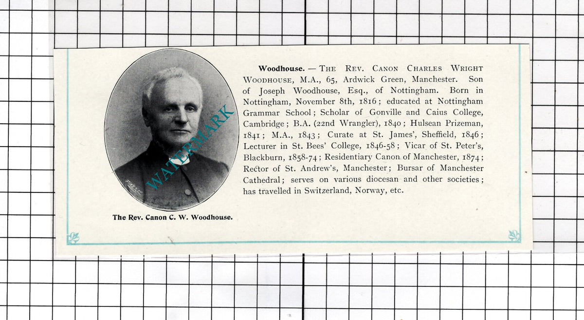 The Rev Canon Charles Wright Woodhouse Manchester - c.1900 Cutting
