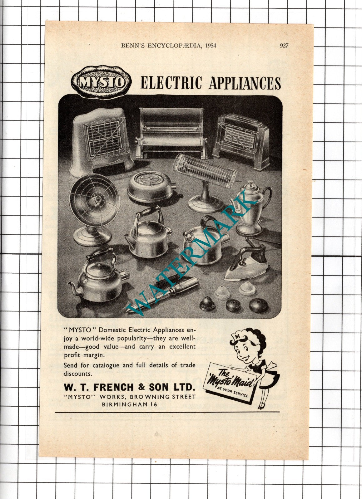 W T French & Son Ltd Mysto Works Browning Street Birmingham - 1954 Advert