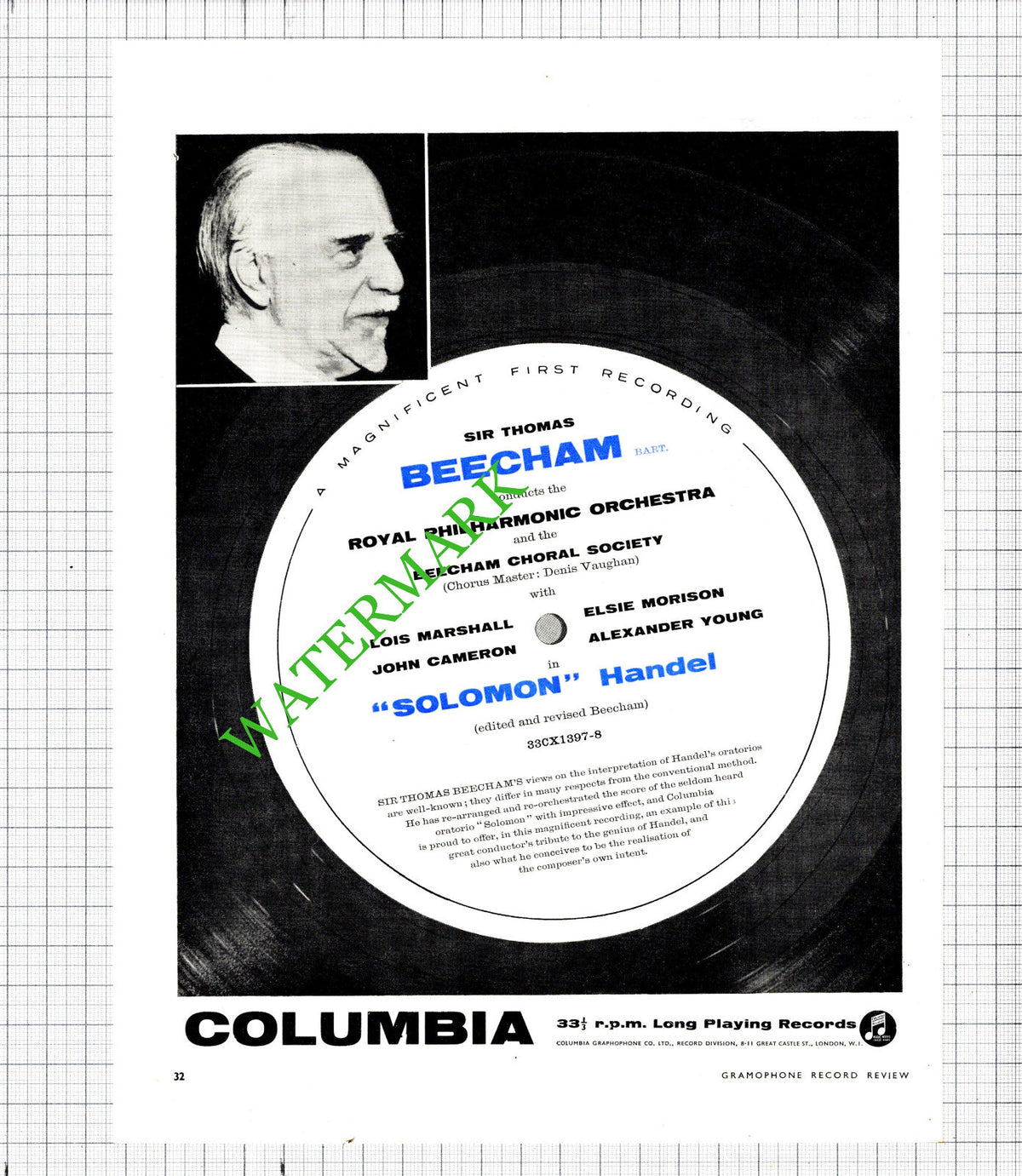 Sir Thomas Beecham Columbia Records ADVERT - 1956 Cutting