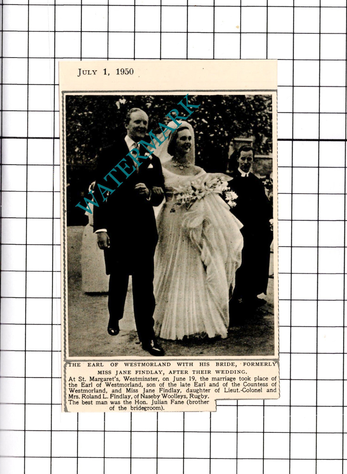 The Earl Of Westmorland Miss Jane Findlay Wedding - 1950 SMALL Clipping/ Print