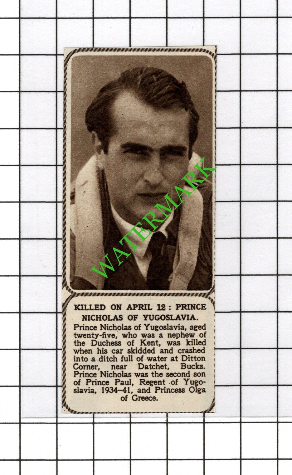 Prince Nicholas Of Yugoslavia Killed Datchet Buckingham - 1954 Small Cutting