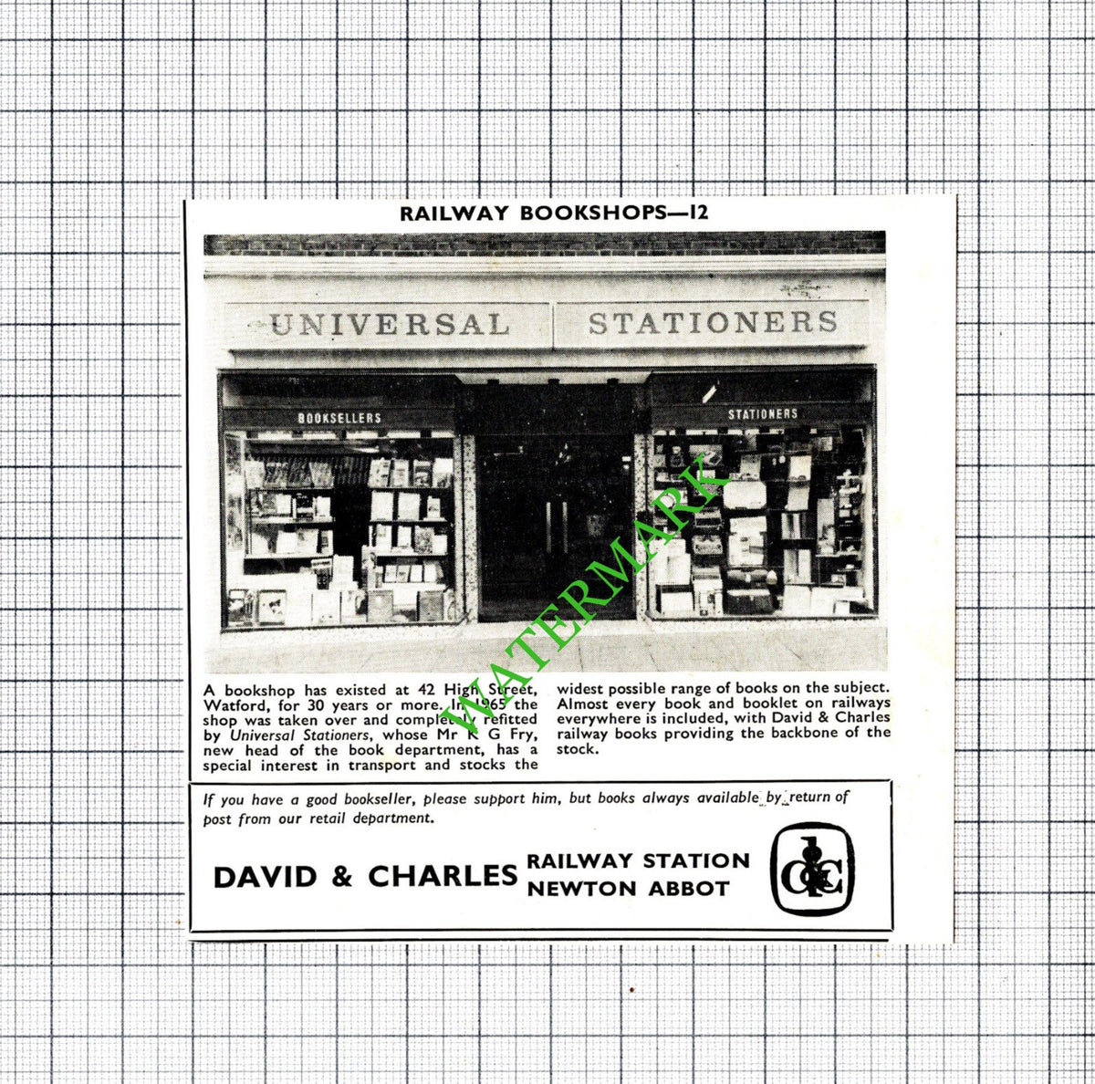 Universal Stationers Watford Mr K G Fry David and Charles Advert - 1968 Cutting