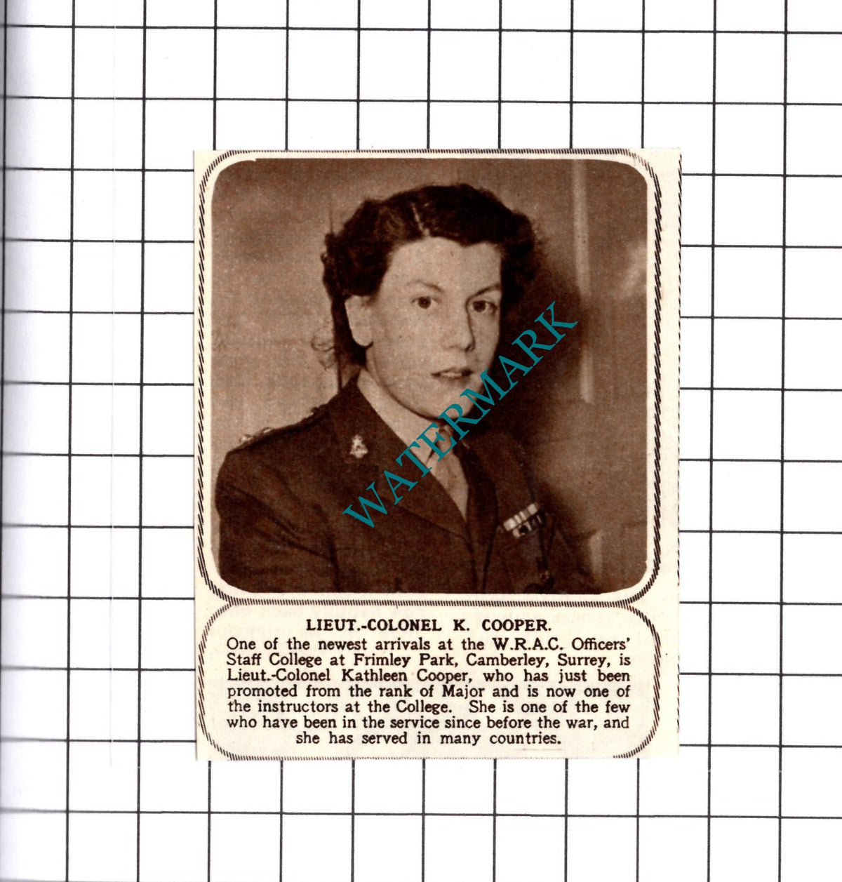 Lt Col Kathleen Cooper WRAC Officers College Frimley Park - 1953 Small Cutting