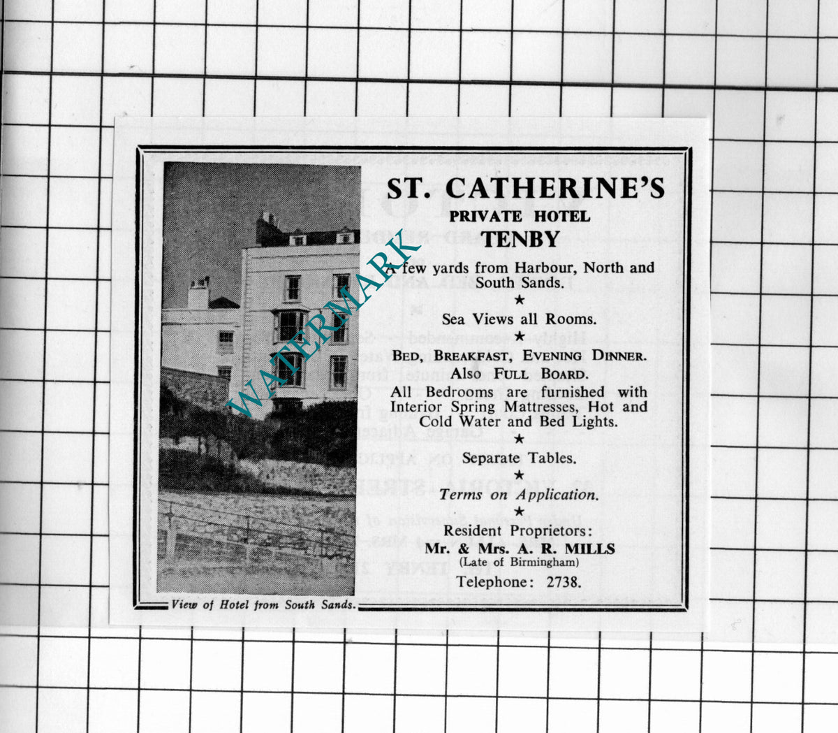 St Catherine's Hotel Tenby Mr & Mrs Mills Small Advert - 1962 Cutting