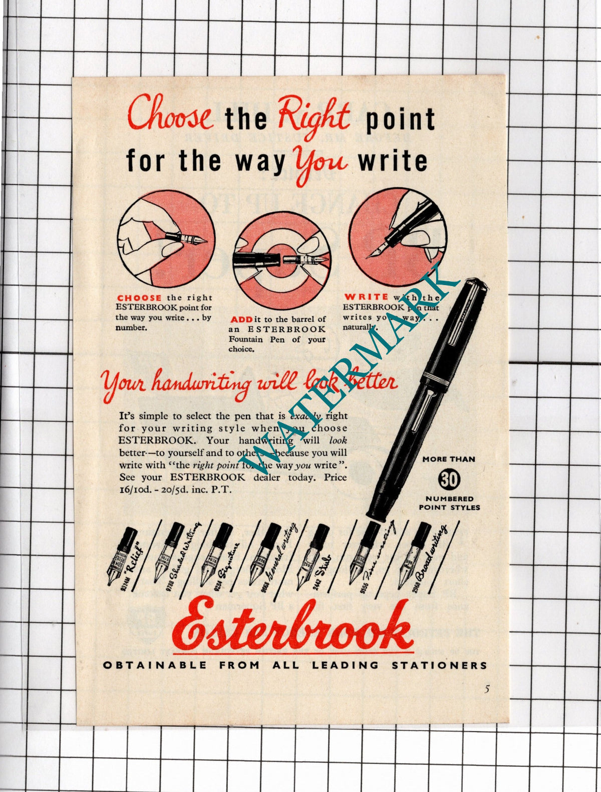Esterbrook Pen SMALL ADVERT - 1956 Clipping / Print