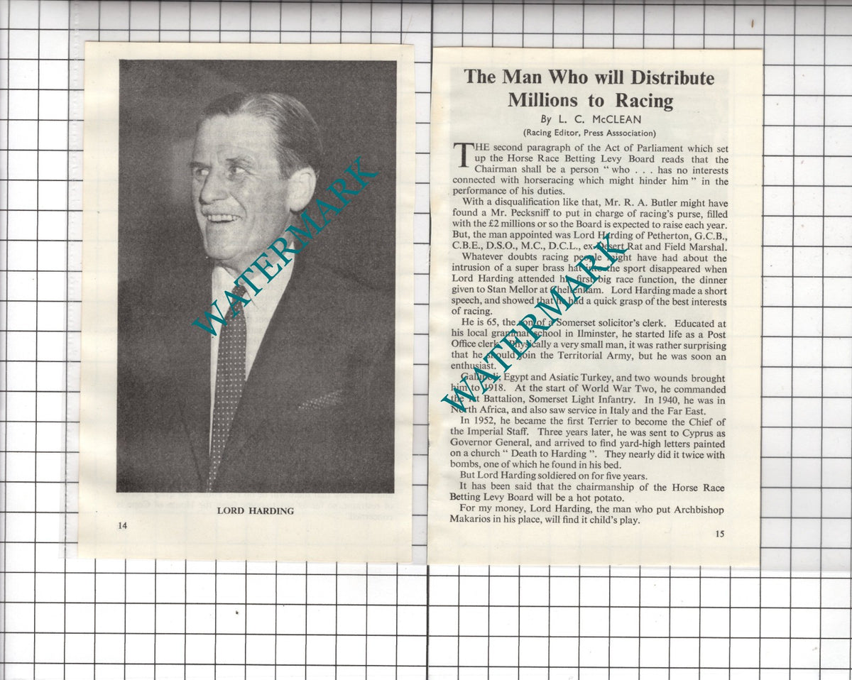 Lord Harding Of Petherton Horse Racing - 1962 Two-Part Small Clipping