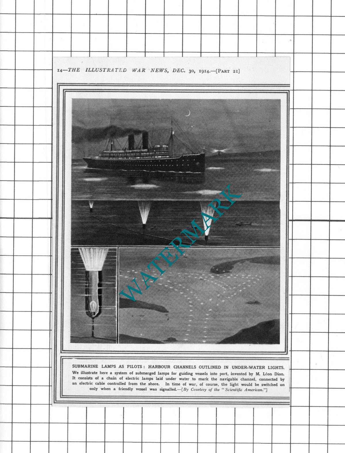 M Leon Dion Submarine Lamps Invention - 1914 Small Clipping / Print