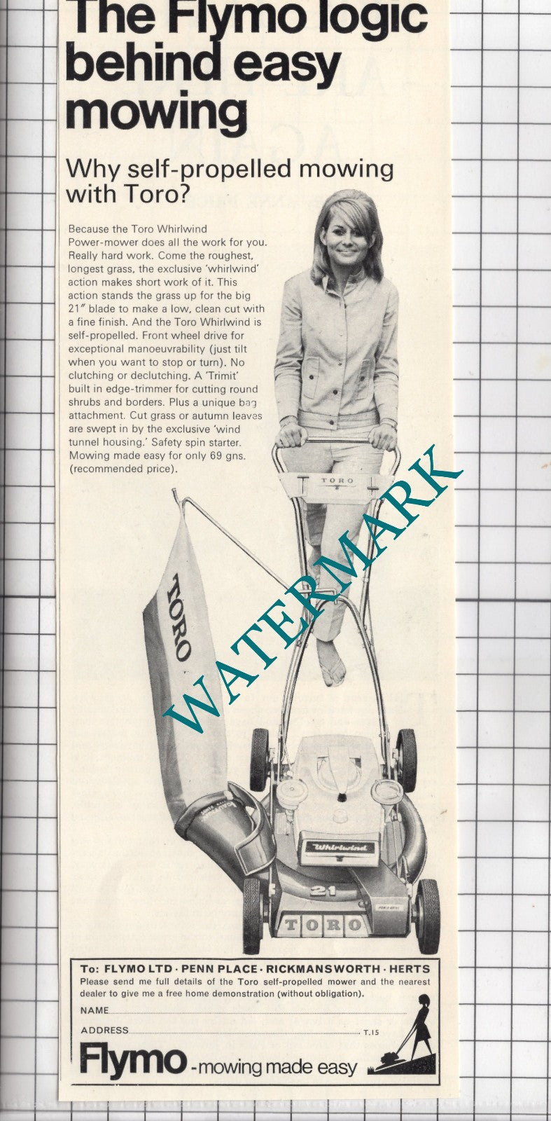 Toro Whirlwind Lawn Mower Flymo Ltd Rickmansworth ADVERT - 1967 Clipping