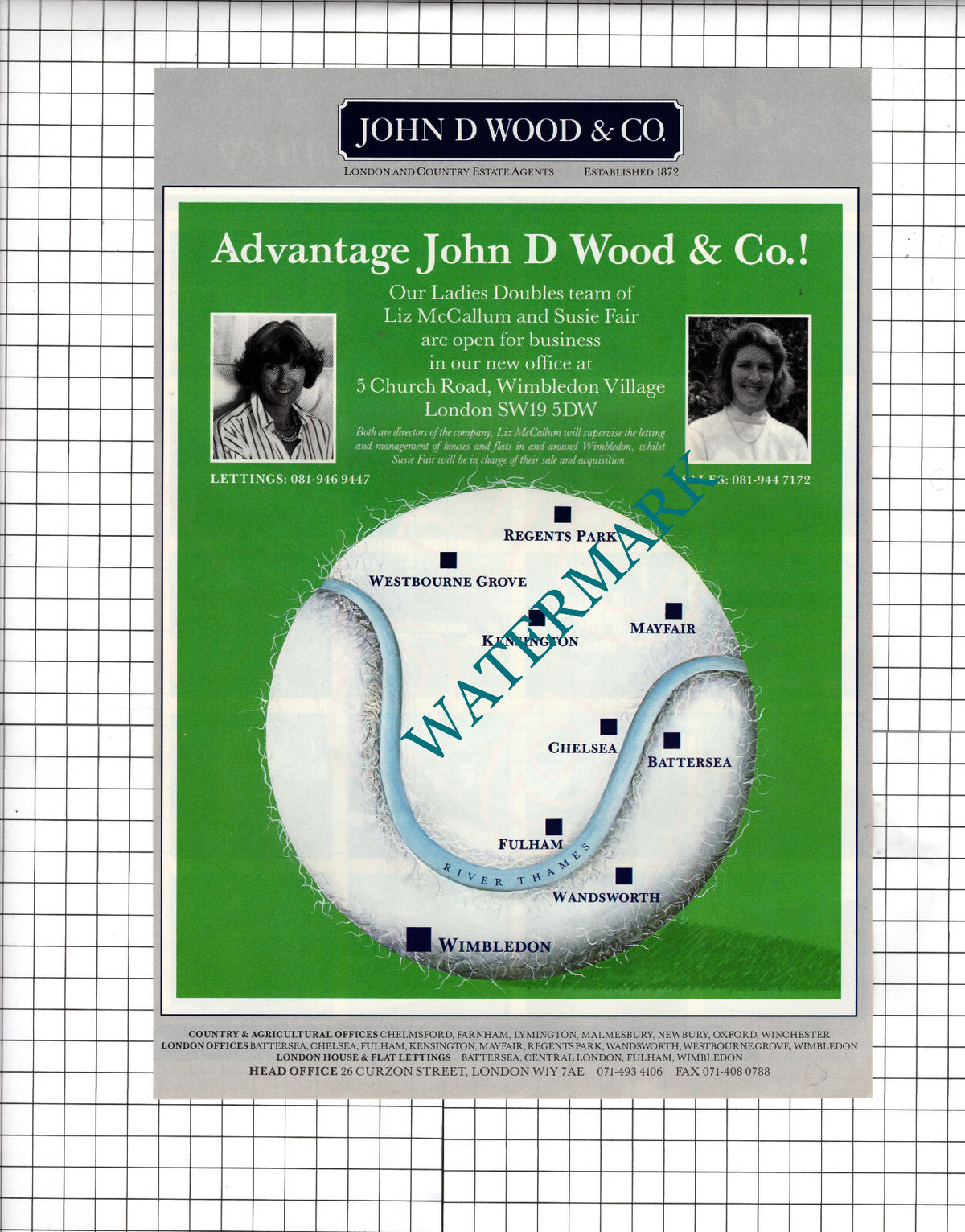 John D Wood & Co Wimbledon Village London Liz McCallum Susie Fair - 1990 Advert