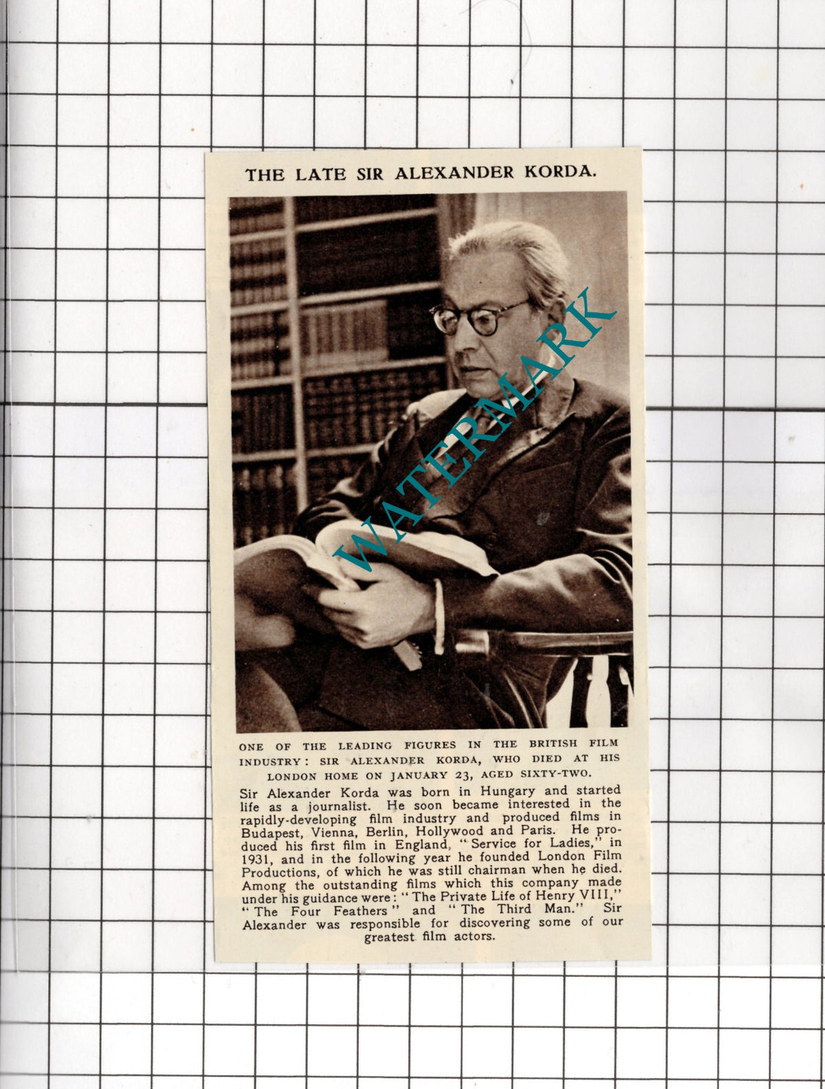 Sir Alexander Korda Film Maker Obituary - 1956 News Cutting