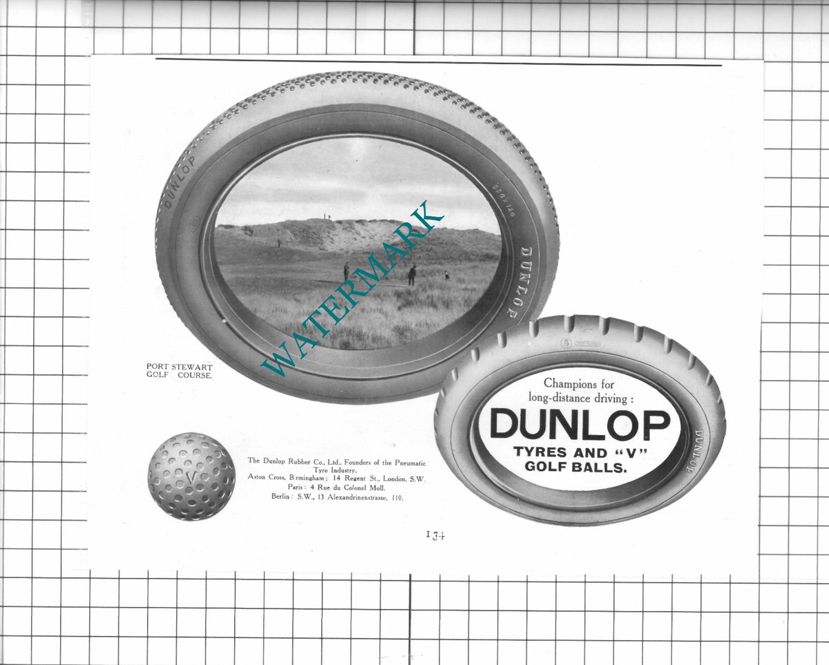 Port Stewart Golf Course Dunlop Tyre Advert - 1914 Clipping / Print