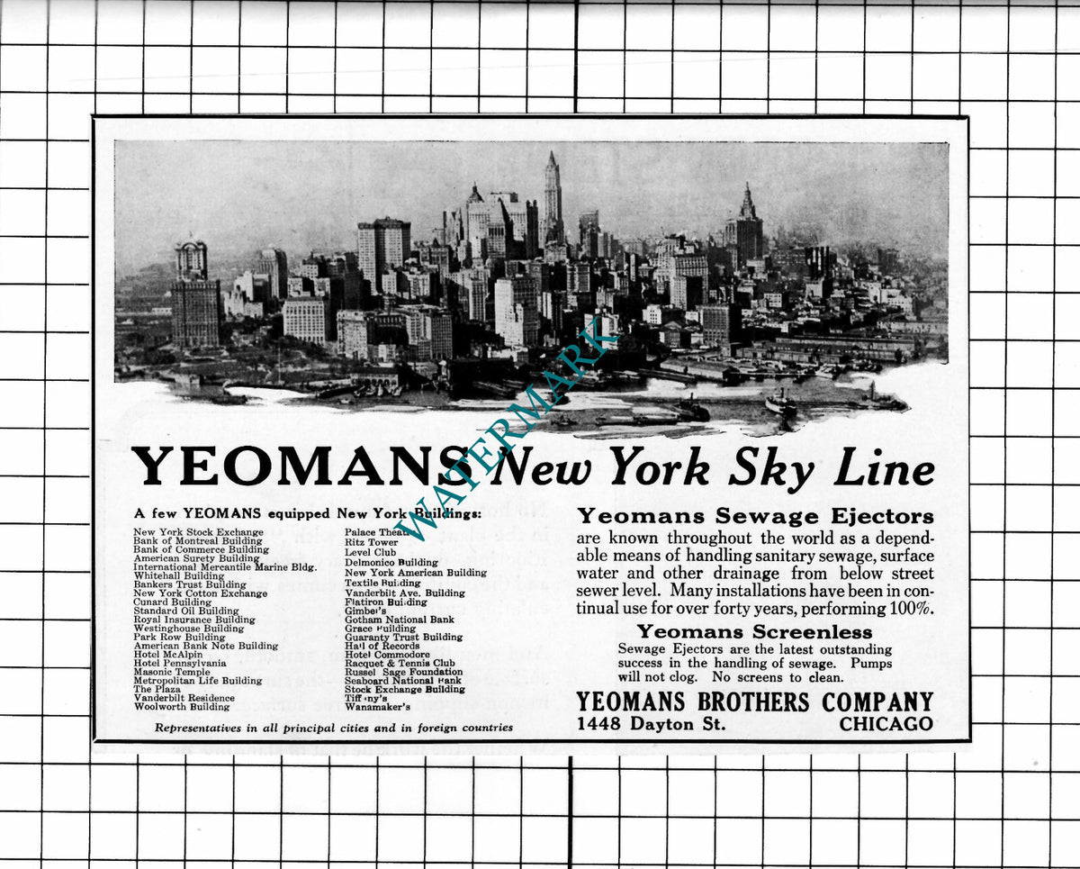 Yeomans Brothers Company Chicago New York Skyline Advert - 1927 Clipping / Print
