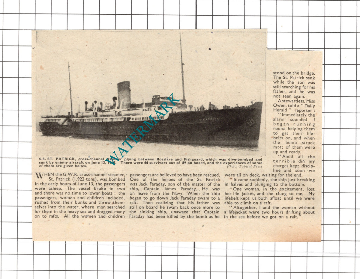 SS ST PATRICK Cross Channel Steamer Jack Faraday WW2 - 1941 News Clipping