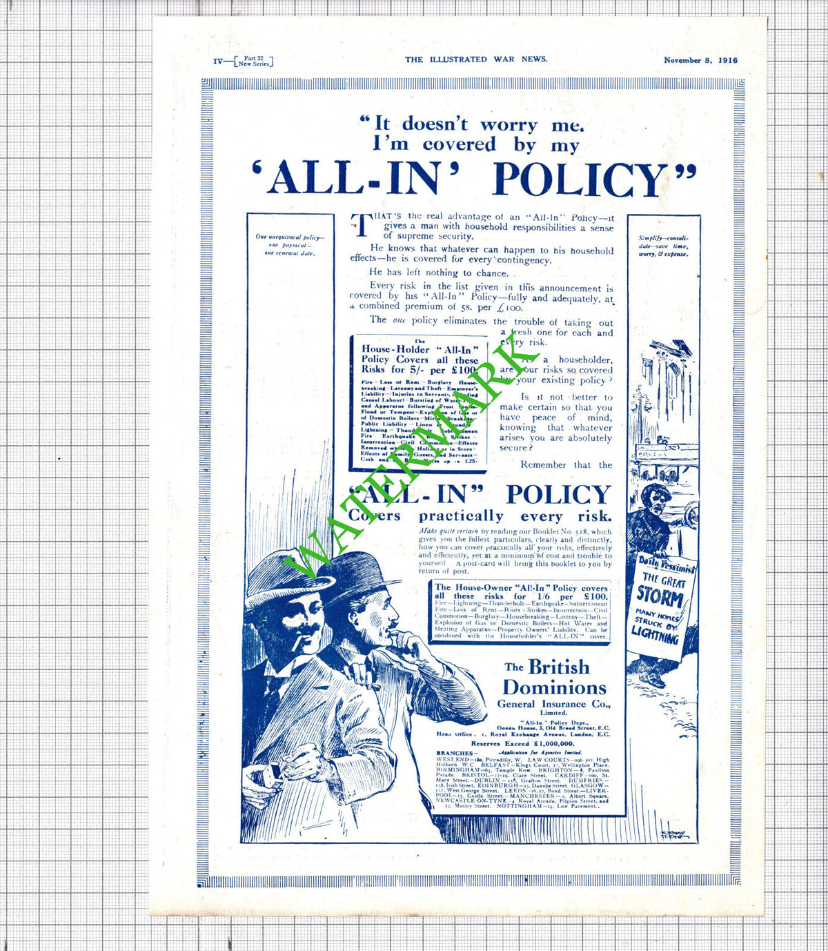 The British Dominions General Insurance Co Advert Great War - 1916 Cutting